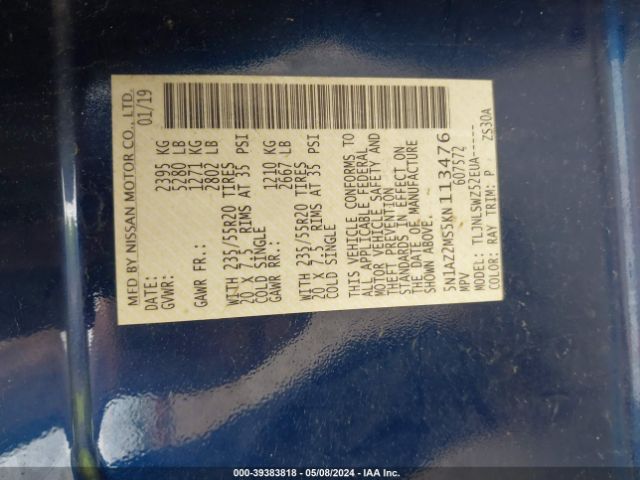 5N1AZ2MS5KN113476 Nissan Murano Platinum