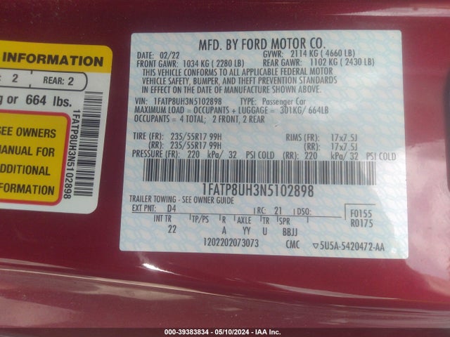 Ford Mustang Ecoboost 2022 1FATP8UH3N5102898 Image 9