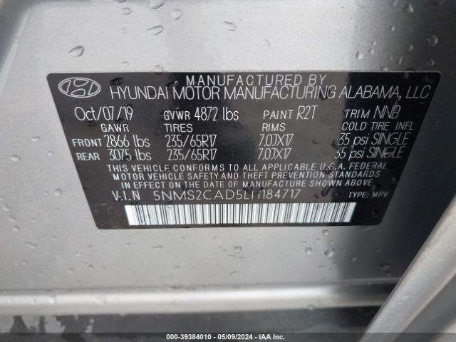 5NMS2CAD5LH184717 Hyundai Santa Fe Se