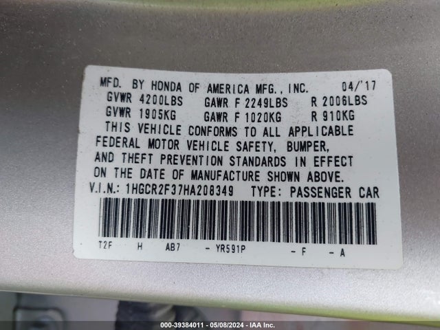 Honda ACCORD LX 2017 1HGCR2F37HA208349 Image 9