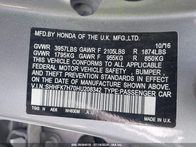 Honda Civic Ex-l 2017 SHHFK7H70HU208342 Image 9