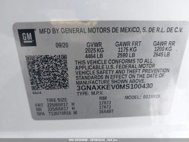 3GNAXKEV0MS100430 Chevrolet Equinox Fwd Lt