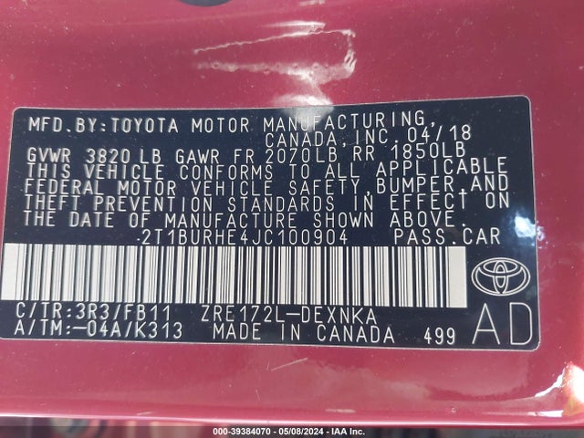 Toyota COROLLA LE 2018 2T1BURHE4JC100904 Image 9