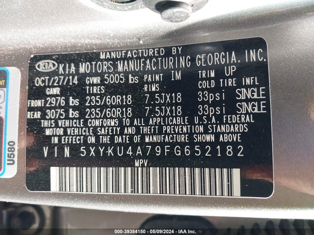 KIA Sorento Ex V6 2015 5XYKU4A79FG652182 Image 9