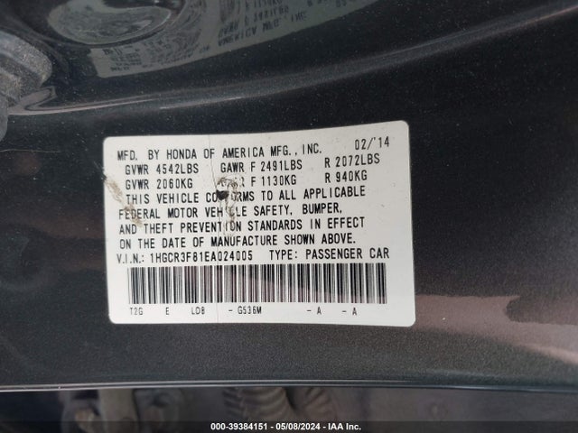 Honda Accord Ex-l V-6 2014 1HGCR3F81EA024005 Image 9