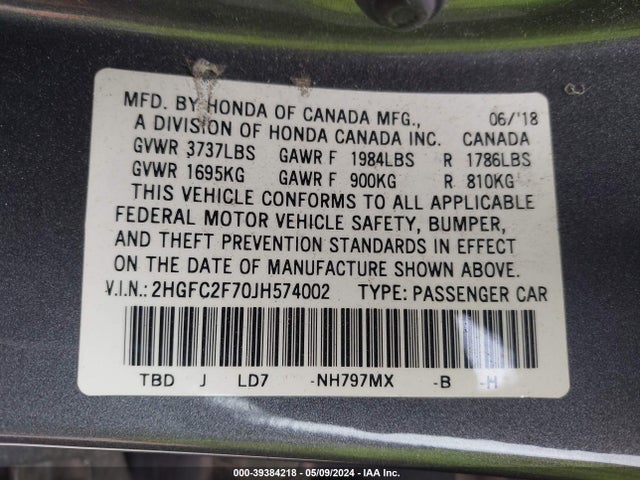 Honda CIVIC EX 2018 2HGFC2F70JH574002 Image 9