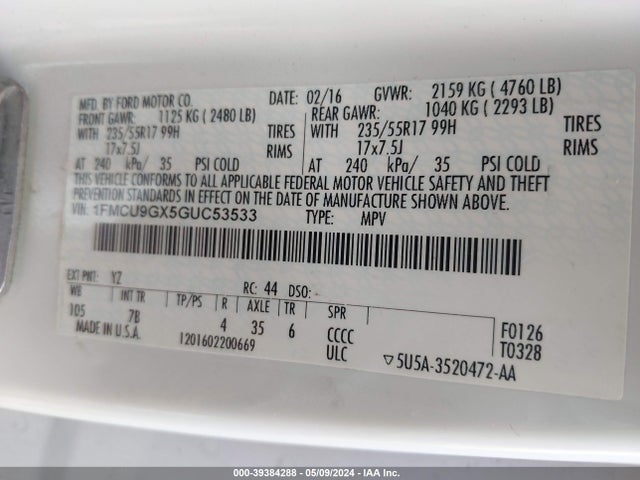 Ford ESCAPE SE 2016 1FMCU9GX5GUC53533 Image 9