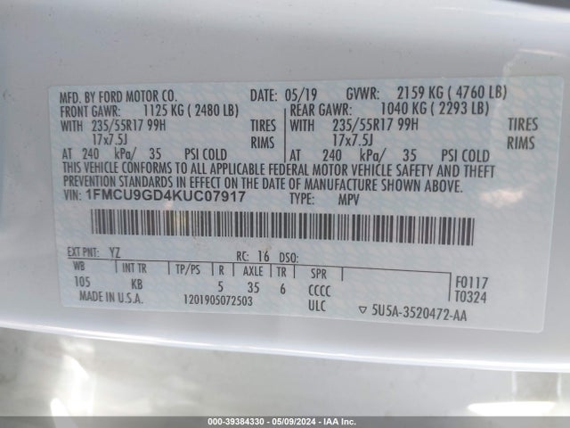 Ford ESCAPE SE 2019 1FMCU9GD4KUC07917 Image 9
