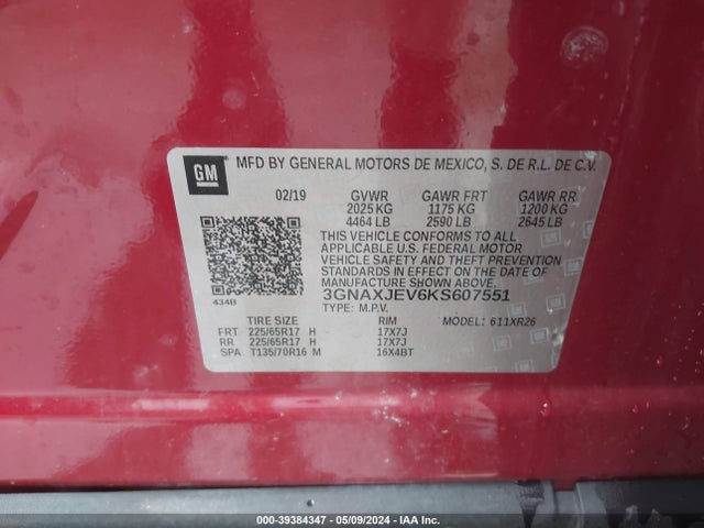 Chevrolet EQUINOX LT 2019 3GNAXJEV6KS607551 Image 9