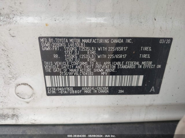 Toyota RAV4 LE 2020 2T3G1RFV6LC104593 Image 9