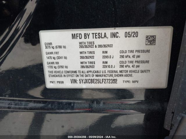 5YJXCBE25LF272352 Tesla Model X Long Range Dual Motor All-wheel Drive/long Range Plus Dual Motor All-wheel Drive