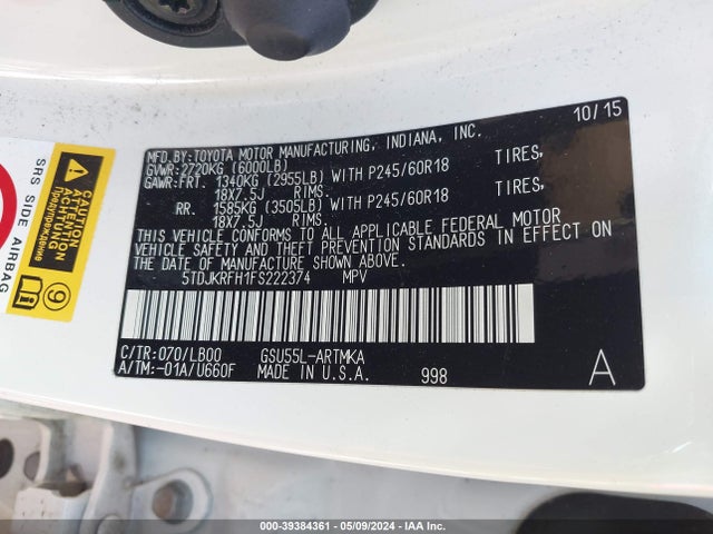 Toyota Highlander Xle V6 2015 5TDJKRFH1FS222374 Image 9