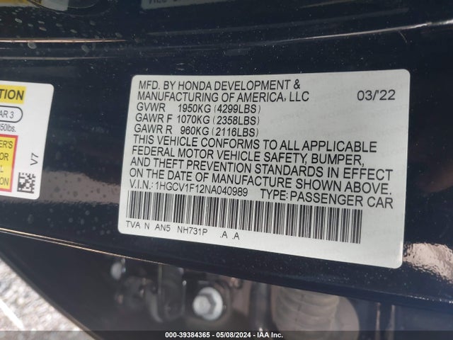 Honda ACCORD LX 2022 1HGCV1F12NA040989 Image 9