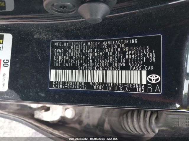 5YFBURHE8GP488762 Toyota Corolla L/le/le Pls/prm/s/s Pls