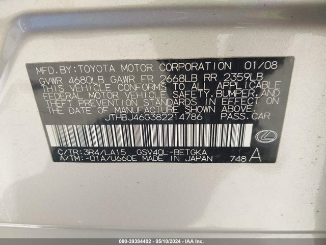 39384402 :رقم المزاد ، JTHBJ46G382214786 vin ، 2008 Lexus Es 350 مزاد بيع