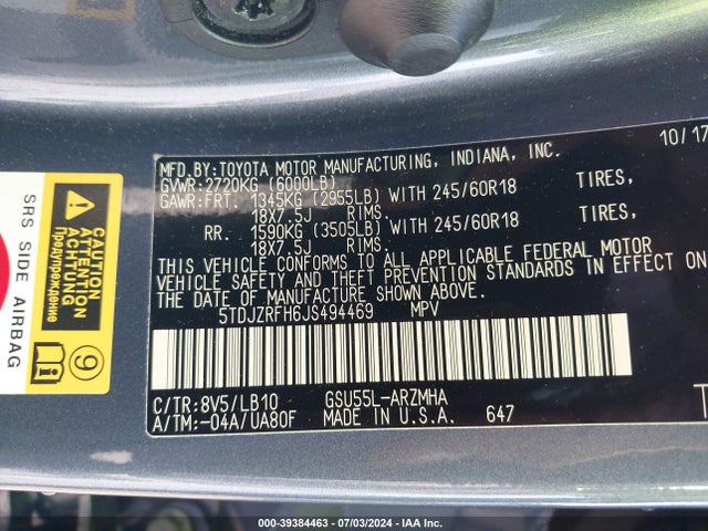 Toyota Highlander Xle 2018 5TDJZRFH6JS494469 Image 9