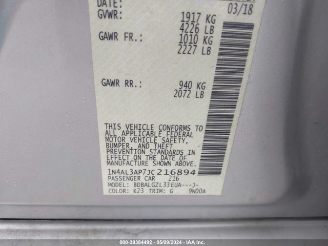 Nissan Altima 2.5 S 2018 1N4AL3AP7JC216894 Image 9
