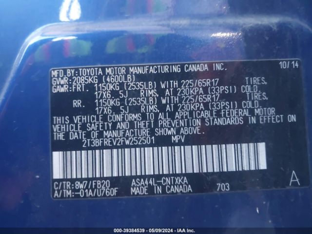 2T3BFREV2FW252501 Toyota RAV4 LE