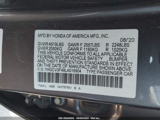 1HGCV3F49LA016904 Honda Accord Hybrid Ex