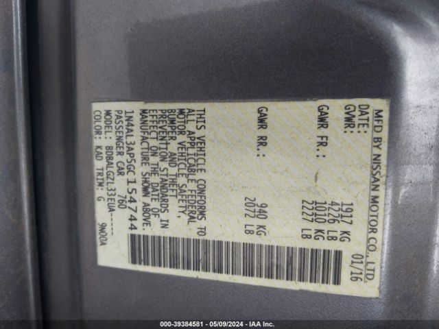 1N4AL3AP5GC154744 Nissan Altima 2.5/2.5 S/2.5 Sl/2.5 Sr/2.5 Sv