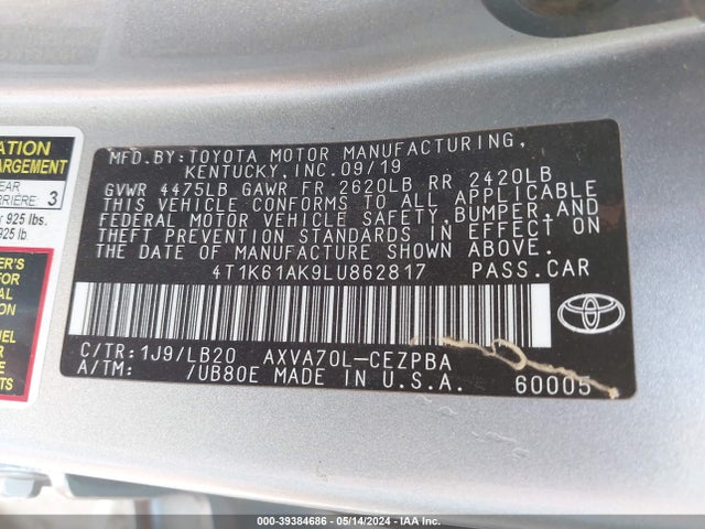 Toyota CAMRY XSE 2020 4T1K61AK9LU862817 Image 9