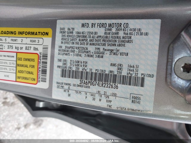 Ford FUSION S 2020 3FA6P0G74LR232636 Image 9