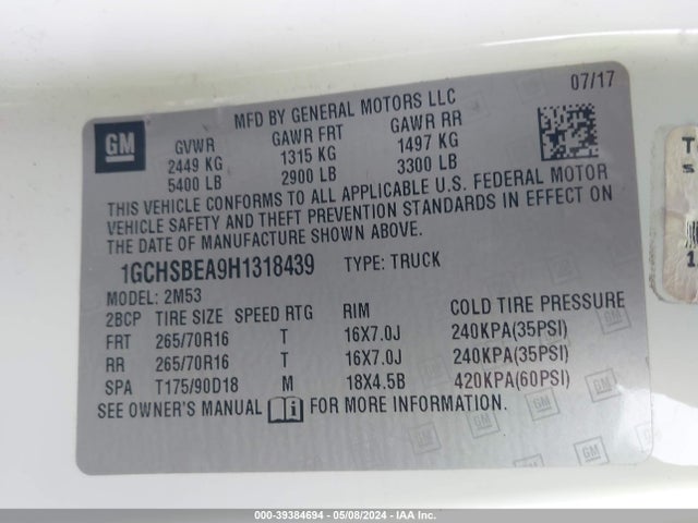 Chevrolet Colorado Wt 2017 1GCHSBEA9H1318439 Image 9