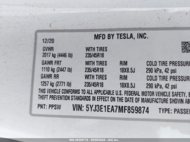 5YJ3E1EA7MF859874 Tesla Model 3 Standard Range Plus Rear-wheel Drive