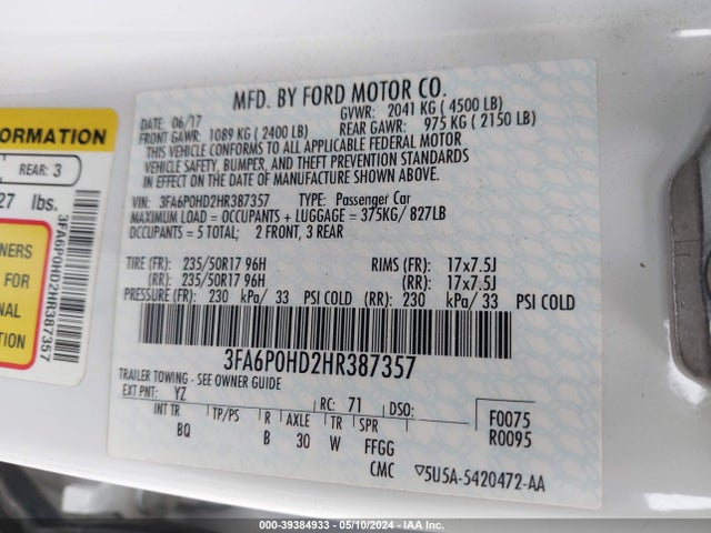 Ford FUSION SE 2017 3FA6P0HD2HR387357 Image 9