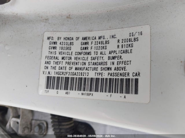 Honda ACCORD LX 2016 1HGCR2F30GA209213 Image 9