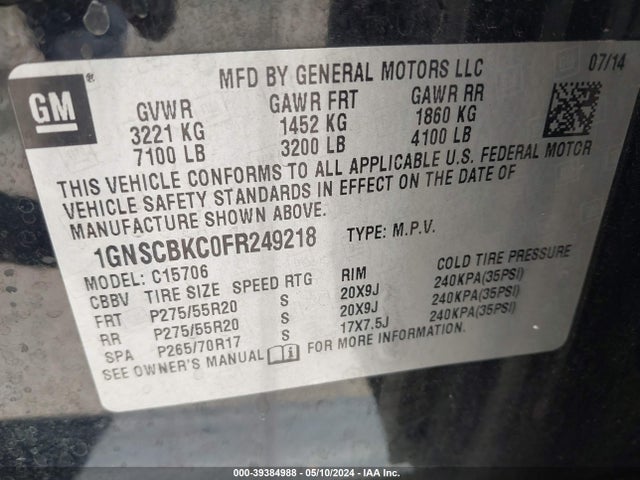 Chevrolet Tahoe Lt 2015 1GNSCBKC0FR249218 Image 9