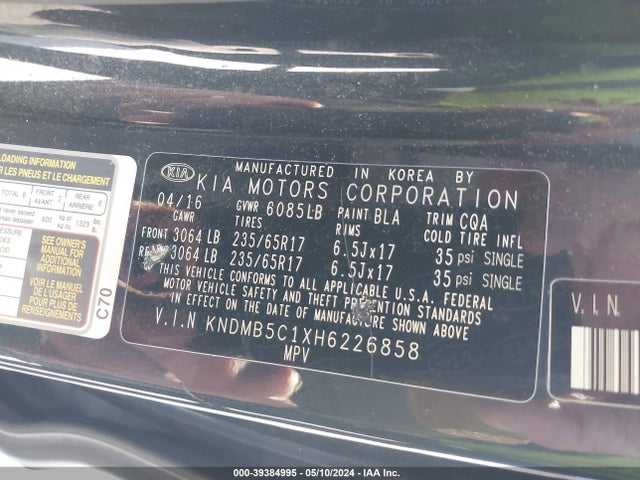 KIA SEDONA LX 2017 KNDMB5C1XH6226858 Image 9
