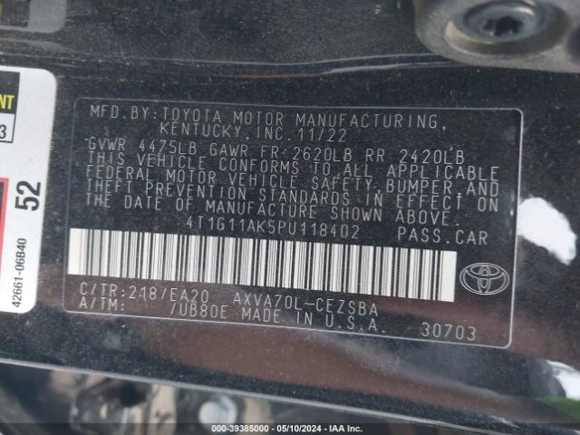 4T1G11AK5PU118402 Toyota CAMRY SE