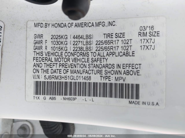 Honda CR-V EX 2016 5J6RM3H51GL011458 Image 9