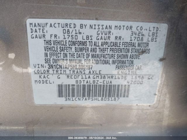 3N1CN7AP5HL805187 Nissan Versa 1.6 S/1.6 S+/1.6 Sl/1.6 Sv