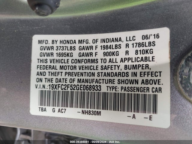 Honda Civic Lx 2016 19XFC2F52GE068933 Image 9