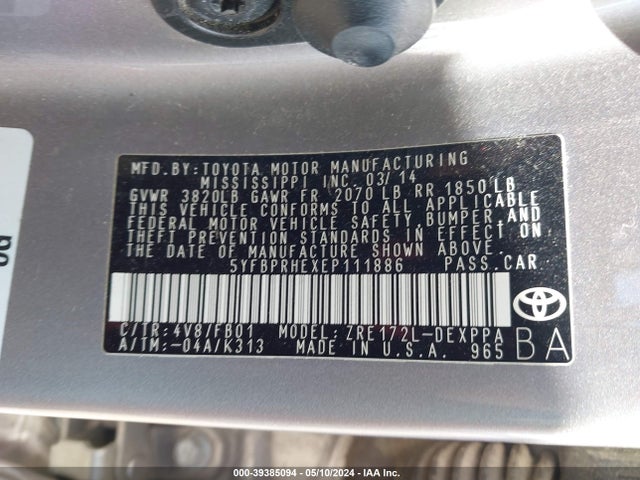Toyota Corolla Le Eco Plus 2014 5YFBPRHEXEP111886 Image 9