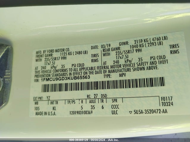 Ford ESCAPE SE 2019 1FMCU9GD3KUB65563 Image 9