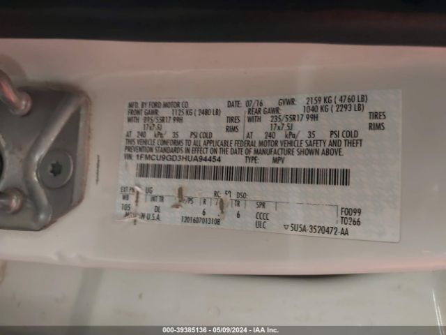 1FMCU9GD3HUA94454 Ford ESCAPE SE