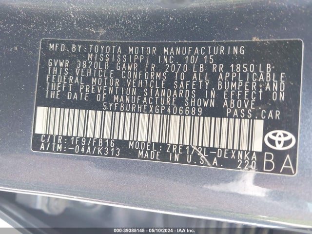 Toyota COROLLA LE 2016 5YFBURHEXGP406689 Image 9
