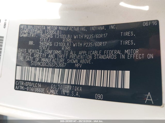Toyota Sienna Xle 8 Passenger 2016 5TDYK3DC2GS753667 Image 9