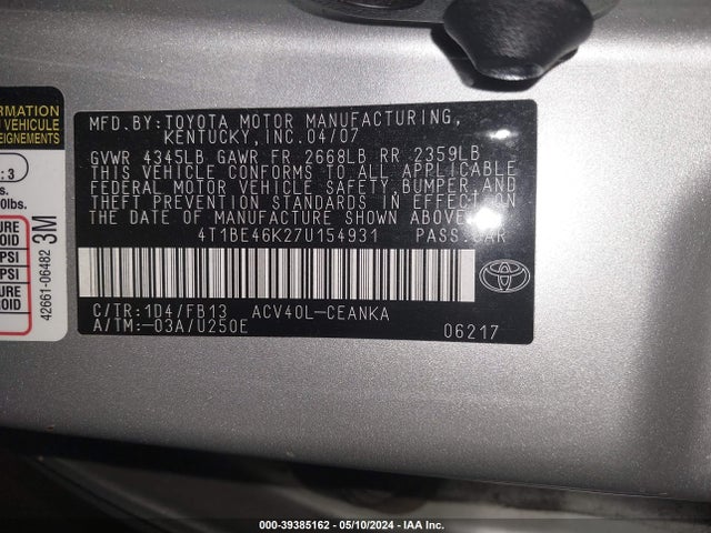 Продаж на аукціоні авто 2007 Toyota Camry Le, vin: 4T1BE46K27U154931, номер лоту: 39385162