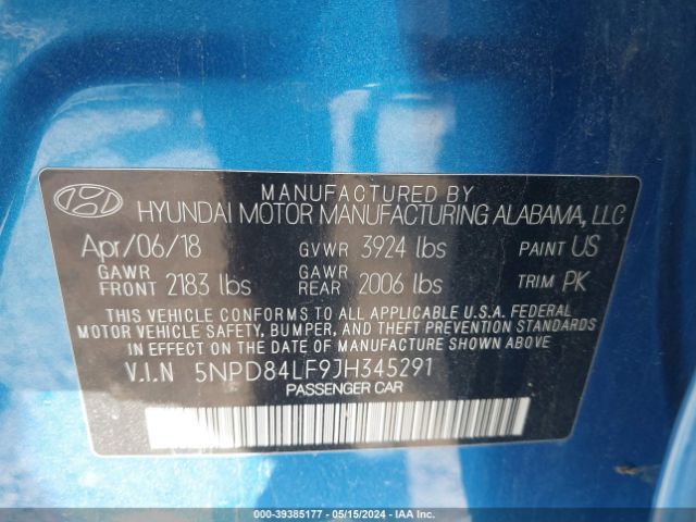 5NPD84LF9JH345291 Hyundai ELANTRA SEL
