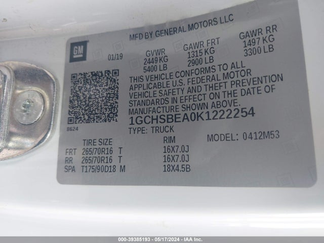 Chevrolet Colorado Wt 2019 1GCHSBEA0K1222254 Image 9