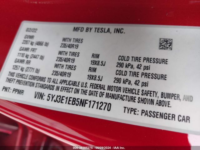 5YJ3E1EB5NF171270 Tesla Model 3 Long Range Dual Motor All-wheel Drive