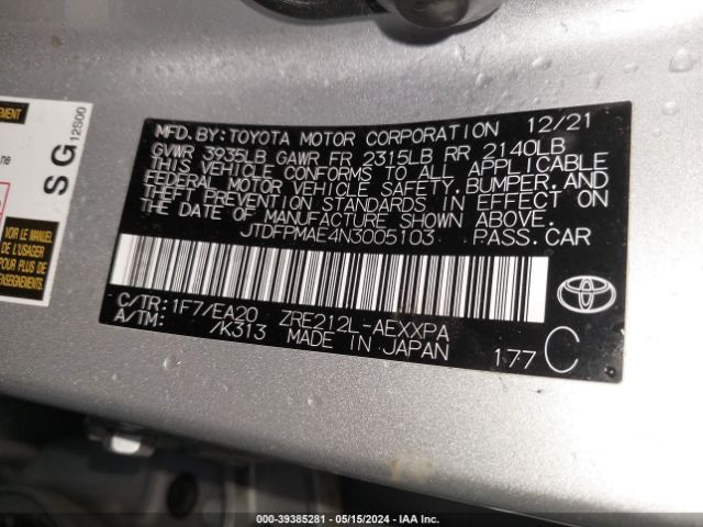 JTDFPMAE4N3005103 Toyota Corolla Xle