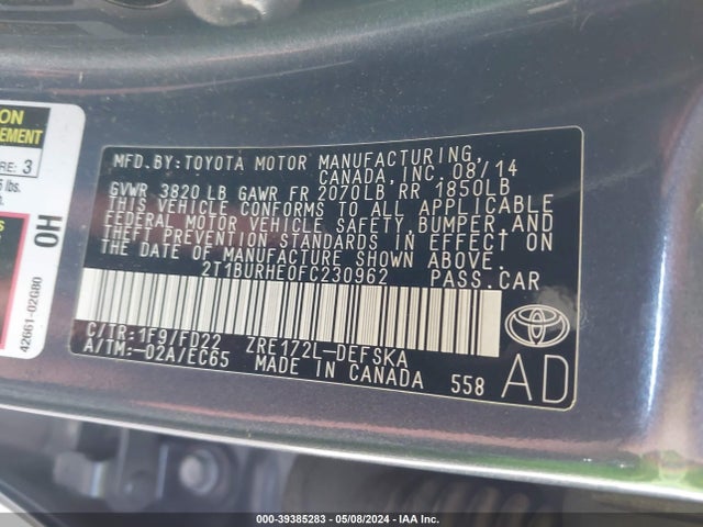 Toyota Corolla S Plus 2015 2T1BURHE0FC230962 Image 9