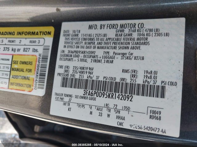 Ford Fusion Titanium 2019 3FA6P0D95KR142092 Image 9