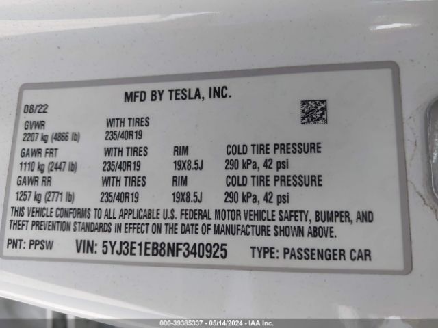 2022 TESLA MODEL 3 5YJ3E1EB8NF340925 Photo 8