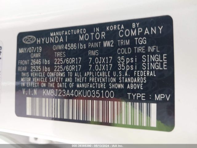KM8J23A40KU035100 Hyundai TUCSON SE